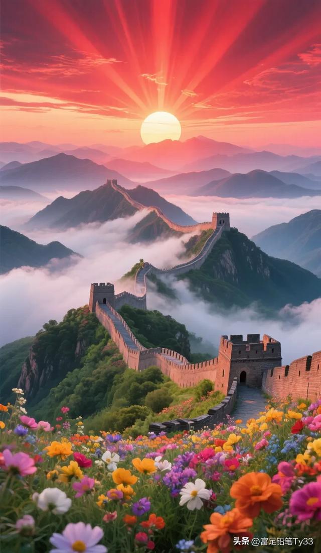 晨曦中的长城，如巨龙般蜿蜒盘旋，云海翻腾花海绚烂，美不胜收！