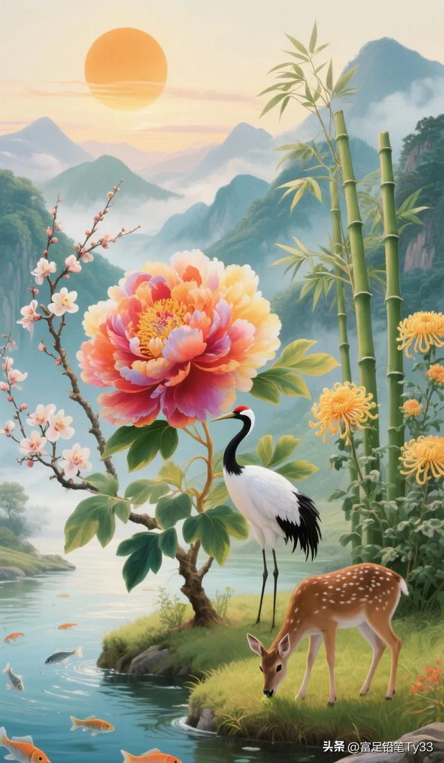 仙境般的自然风光，白鹤与鹿的和谐共处，令人心旷神怡！