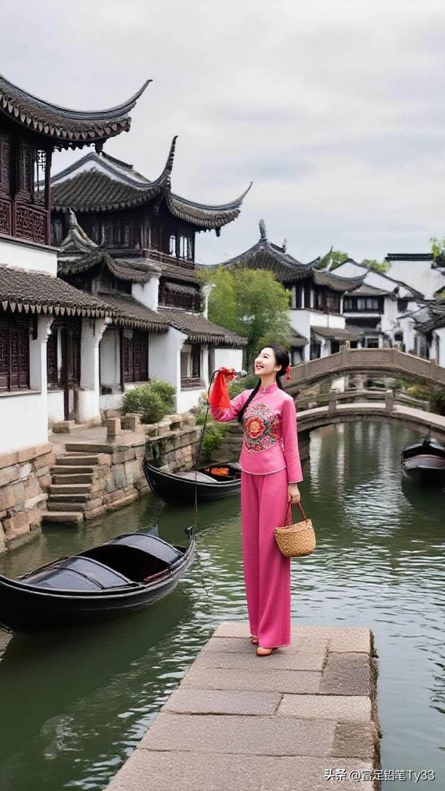 古桥邂逅：粉裙少女与江南水乡的诗意相逢！