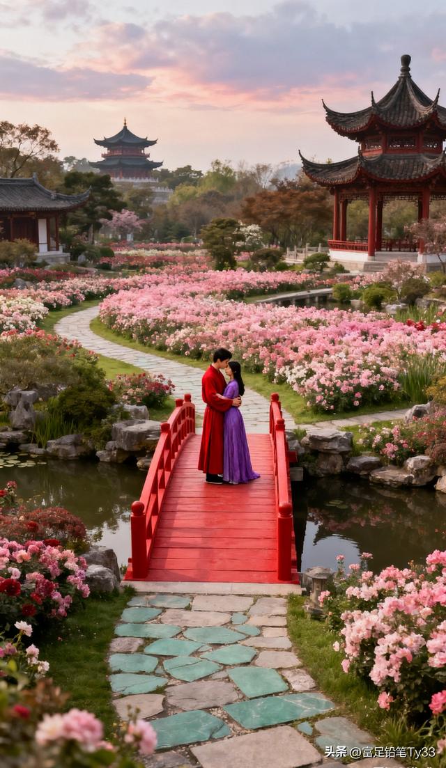 在古风园林中，情侣共享浪漫时光，花海与红桥相映成趣！