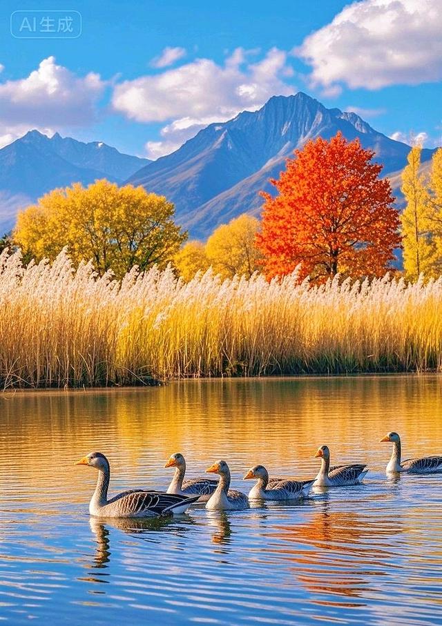 秋湖漾金波，灰雁悠然游，彩林裹暖光，好治愈～