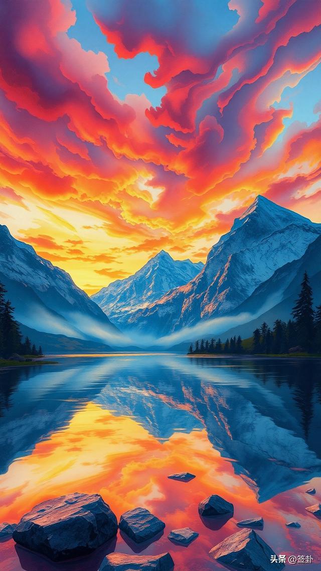 晚霞下的山川河流