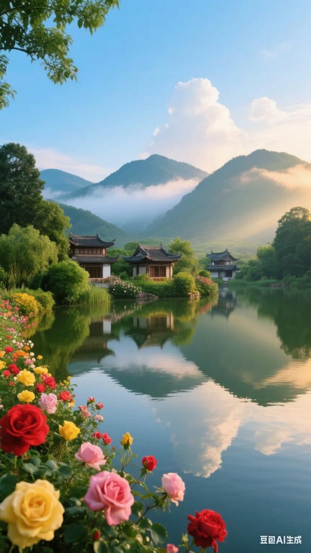 梦幻般的世外桃源，静谧的湖面倒映着古色古香的建筑，宛如仙境！
