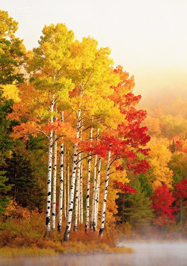 秋雾里的白桦，晕染了半林金红