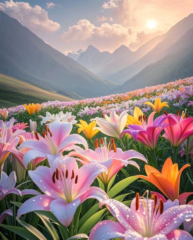 日出洒百合花海，远山相伴，太美了