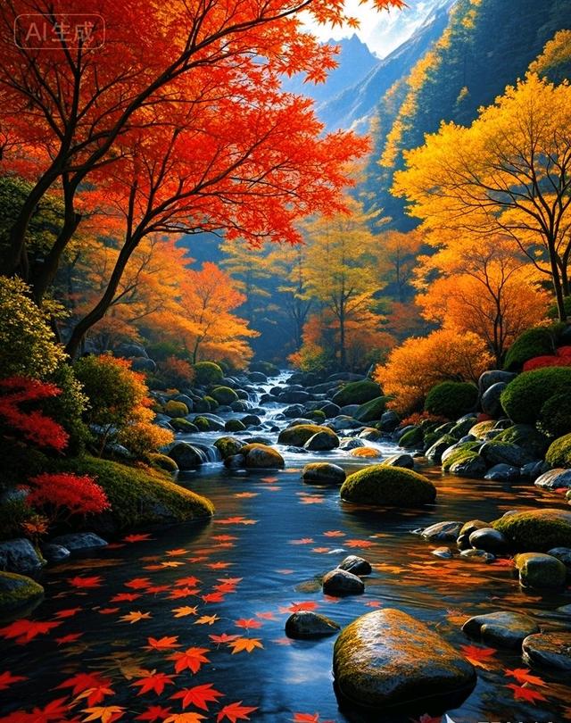 深山秋溪红枫舞，石上清泉彩叶流