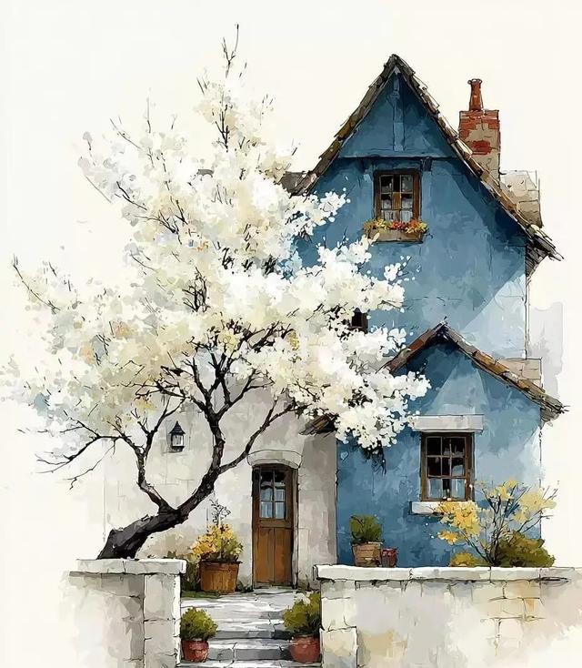 水彩画：蓝色治愈小屋