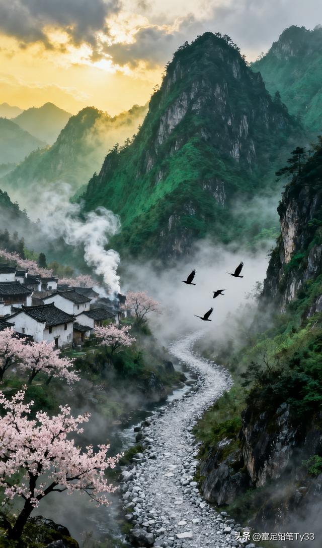 云雾缭绕的世外桃源，粉嫩樱花映衬古村落，仙境般的宁静与美丽！