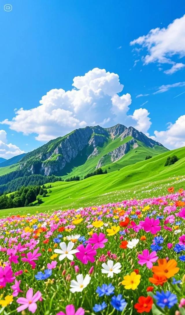 蓝天白云、花草交织的景象，格外治愈
