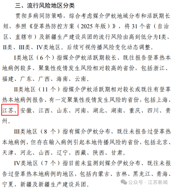 江苏被归为基孔肯雅热流行风险Ⅱ类地区