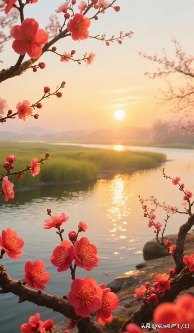夕阳西下，粉嫩樱花与余晖相映，静谧湖面金光闪烁，美如梦幻之境