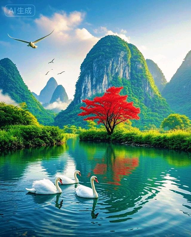 青山云雾缭绕，湖光山色映天鹅，此景如画醉人心