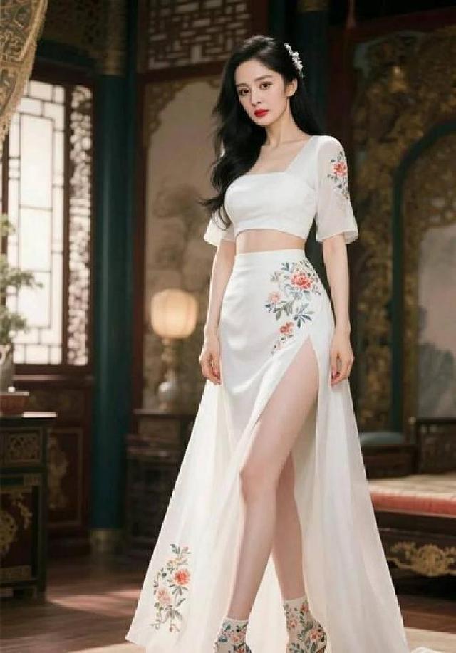 杨幂新造型杀疯了！水墨抹胸裙配高开叉，这身材也是没谁了