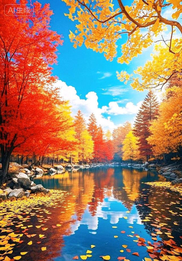 一湖秋韵：红金枫影落清波