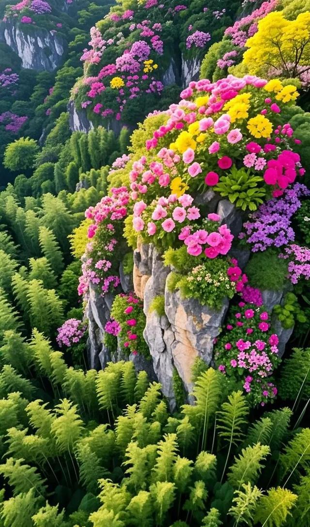 悬崖上的牡丹花海绝美，周边风景亦如画
