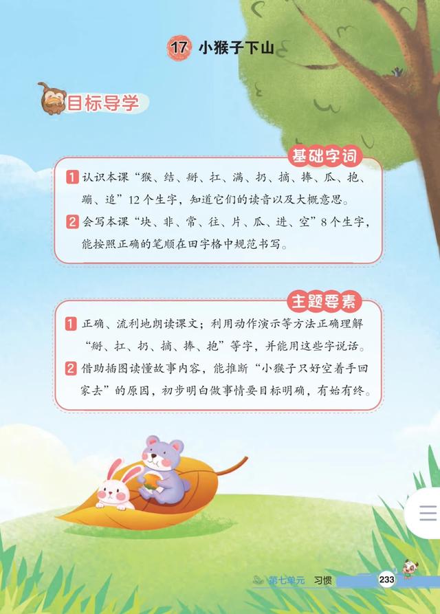 一年级下册语文,第七单元课文17《猴子下山》课堂笔记+课堂解析
