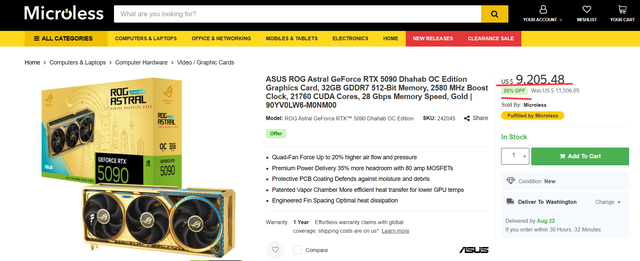 华硕推出“低配土豪版”RTX 5090，镀6.5克黄金，售价9205美元