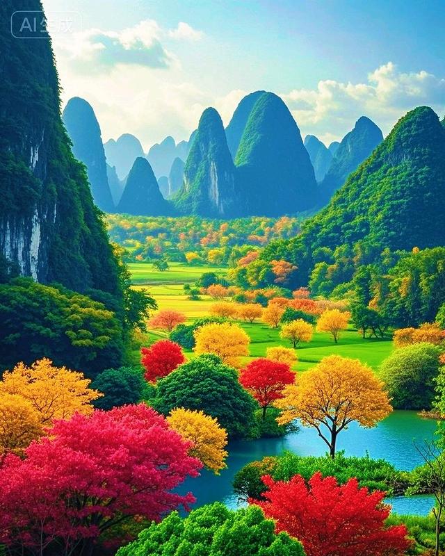 峰林秋意浓，碧水染层林