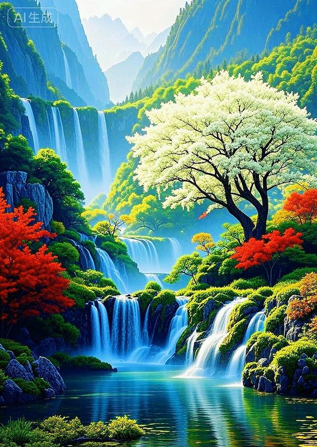 青山、彩树配瀑布，这自然风景看着太治愈了