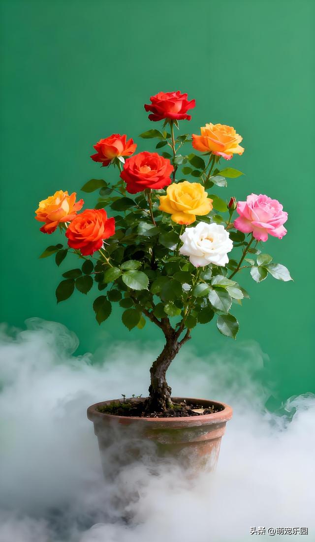 花盆里长出三色玫瑰，粉色红色白色同枝绽放	，我惊呆了