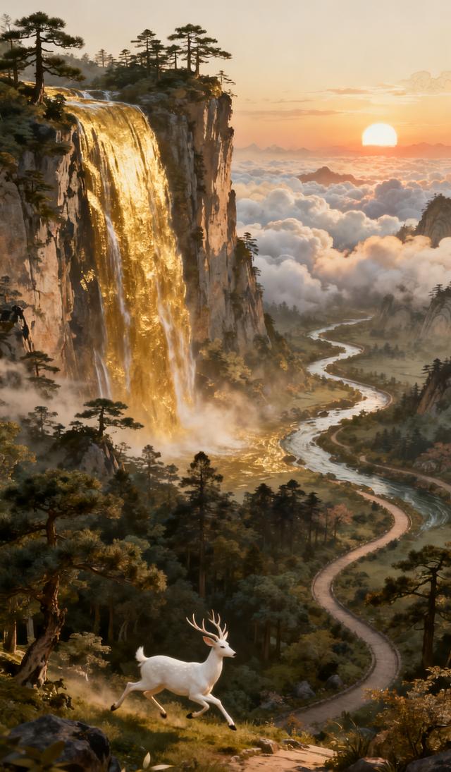 仙境瀑布，白鹿飞奔，梦幻山水，如梦如幻！