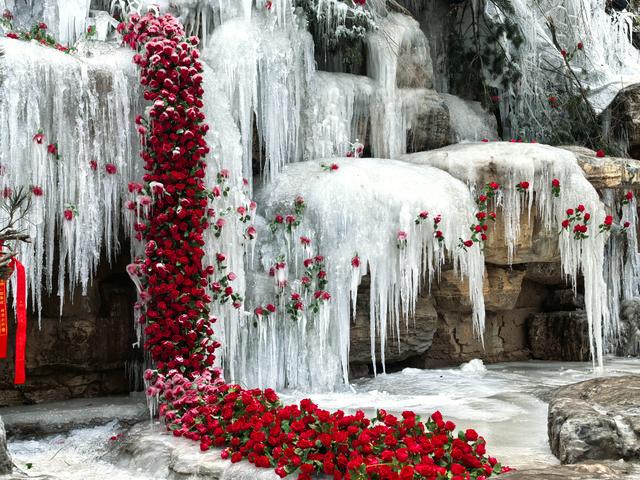 冰瀑“开”玫瑰 冬日蒙山火了