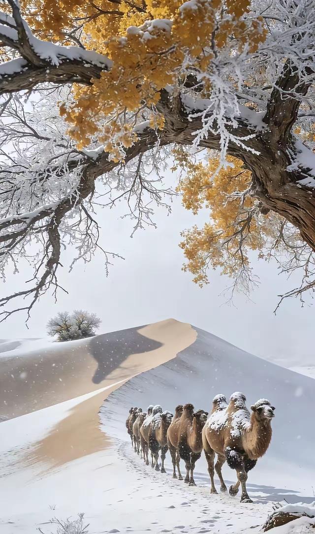 雪落湖杨，驼行沙海