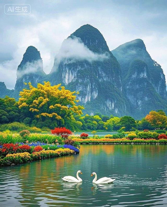 青山云雾缭绕，湖光山色映天鹅，此景如画醉人心
