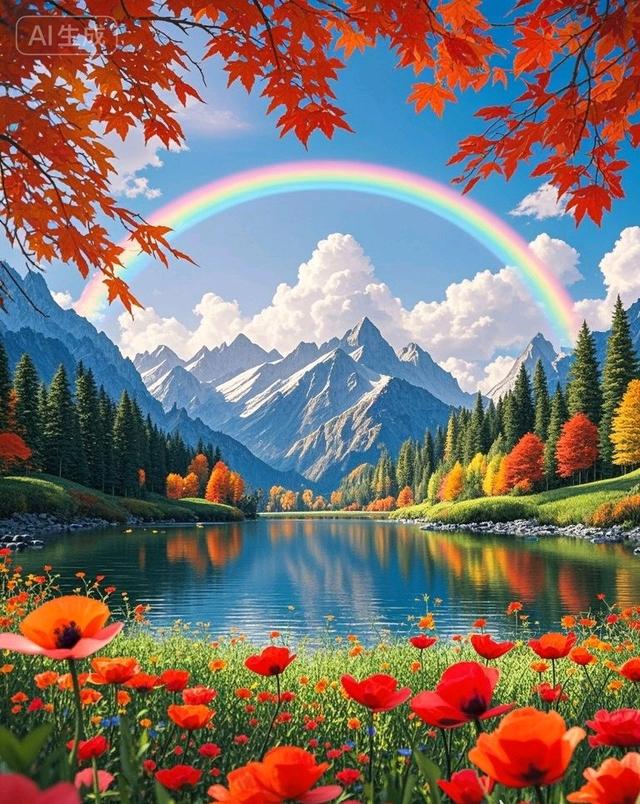 彩虹染秋林，花海醉湖山