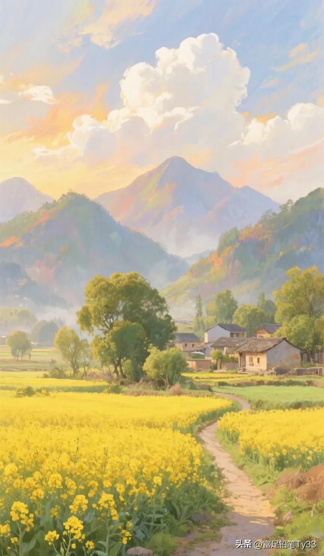 田园风光，金黄麦田，宁静乡村，美不胜收！