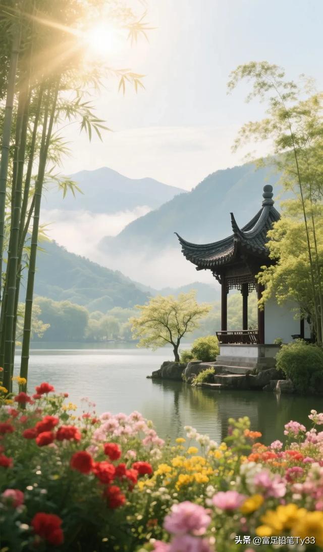 静谧湖畔，古风亭台，花海映日，人间仙境！