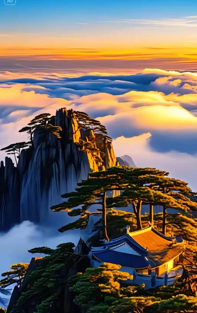 天空，云海，山峦都染成一偏绚烂