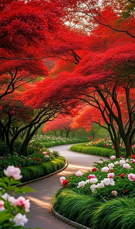 红枫树下，牡丹花盛开，画面实在太唯美