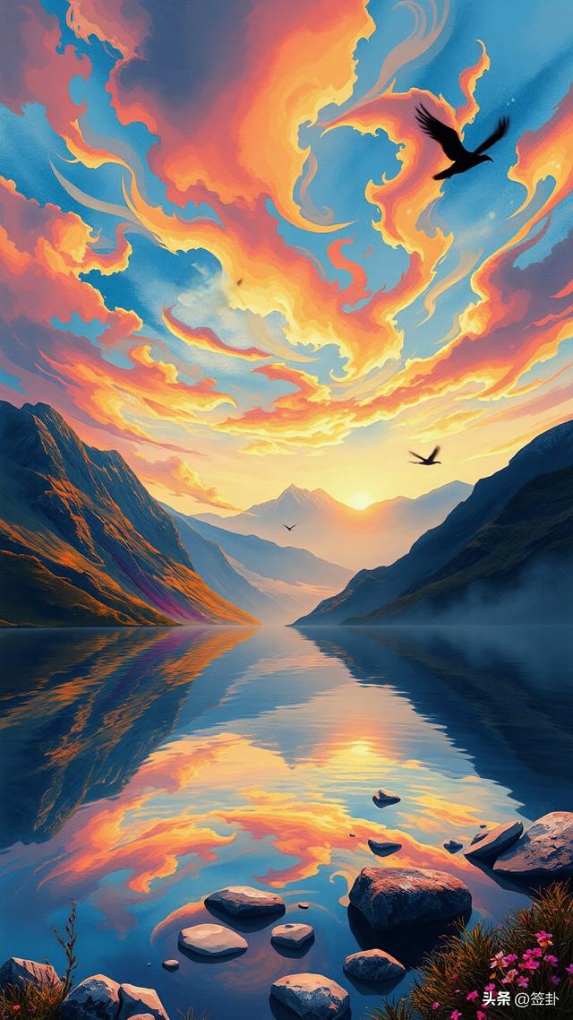 晚霞下的山川河流