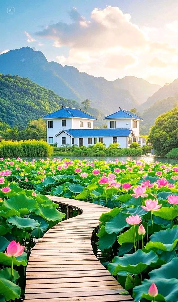青山碧水间，荷花盛放，来赴一场自然之约