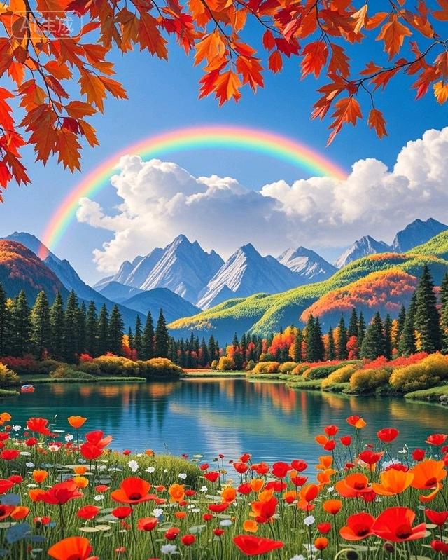 彩虹染秋林，花海醉湖山