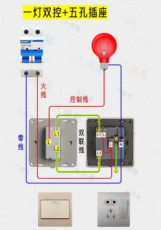 一开加五孔插座的三种接线，双开加五孔插座单控两个灯接线
