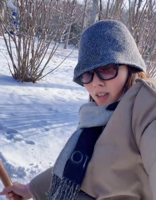 李思思夫妇别墅区玩雪，北大老公用锹当爬犁拉着她玩，好恩爱