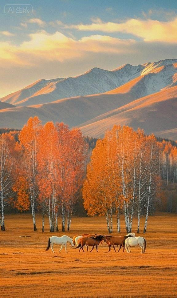 斑斓树影下，秋原里的自在马群