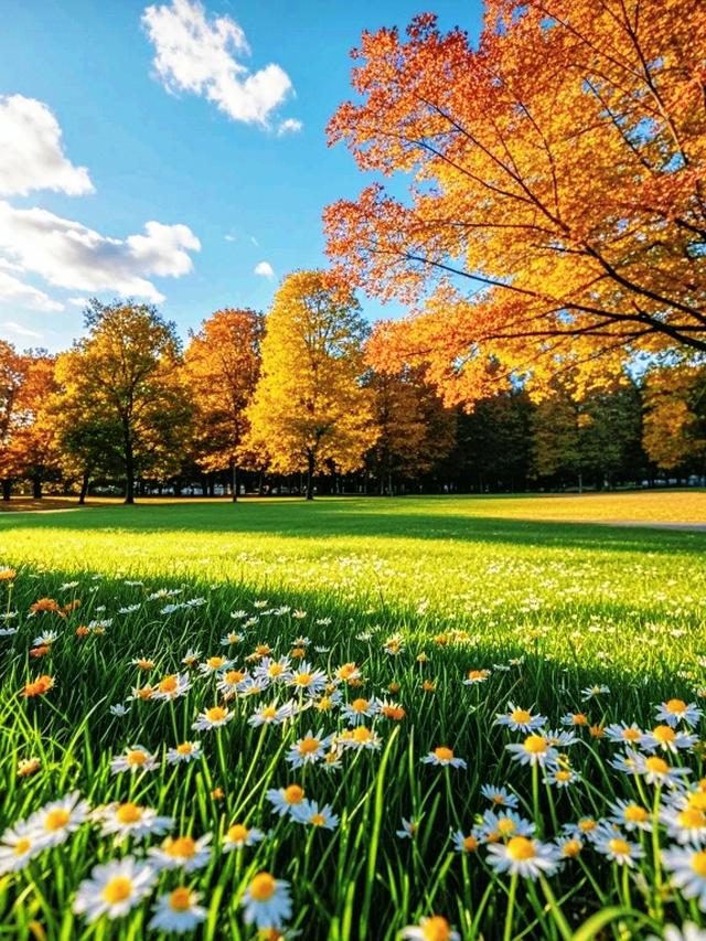 金黄树林、雏菊绿草衬蓝天，这片秋景，超治愈~