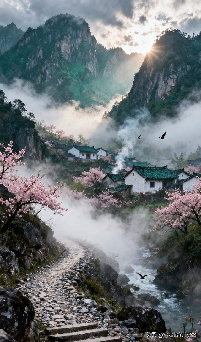 云雾缭绕的世外桃源，粉嫩樱花映衬古村落，仙境般的宁静与美丽！