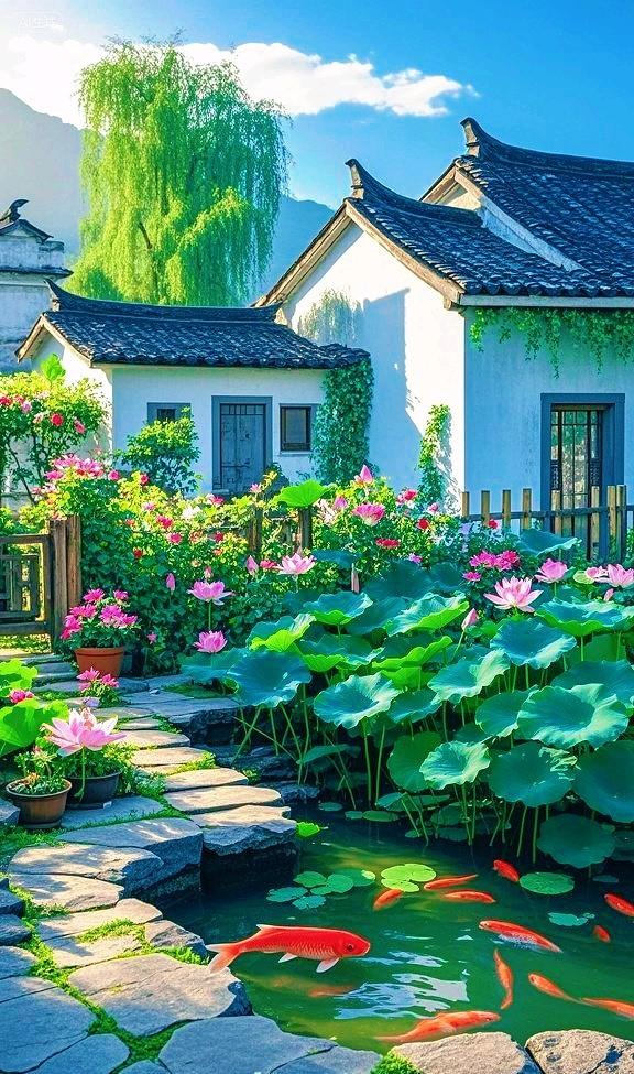 一池荷塘锦鲤游，半院白墙黛瓦幽