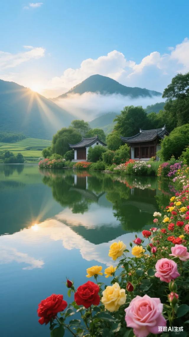 梦幻般的世外桃源，静谧的湖面倒映着古色古香的建筑，宛如仙境！