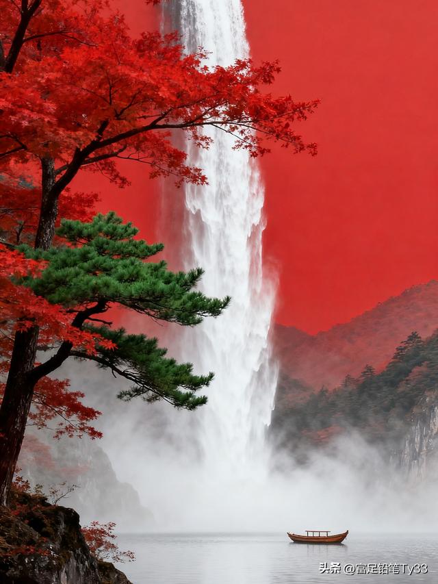 秋日仙境，红叶映碧水，古塔倚瀑布，静谧如画！