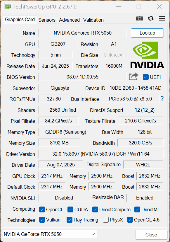 支持DLSS 4的“真甜”卡新成员——技嘉GeForce RTX 5050 GAMING OC魔鹰8GB
