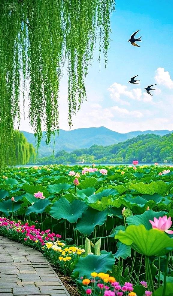 荷叶卷绿浪，荷花映远山，景色太美了！