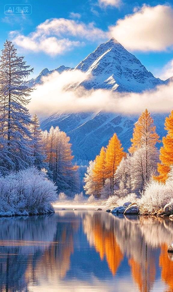 初雪吻过的金林，在镜湖里映成冰峰的温柔