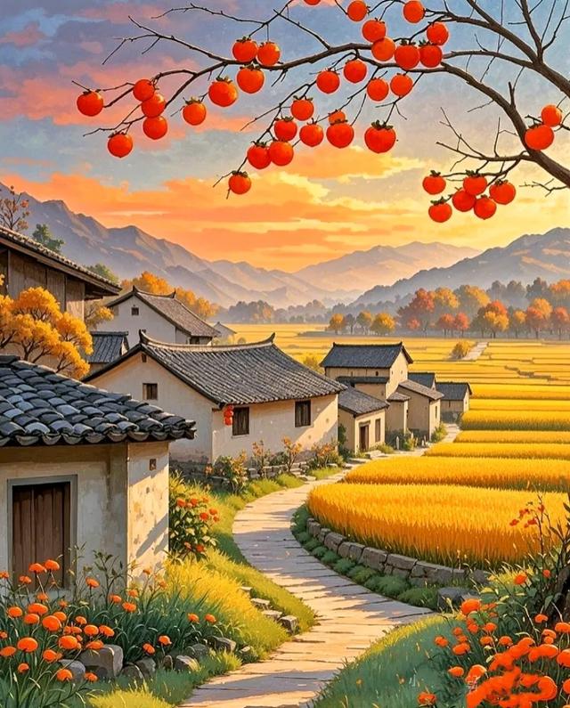 乡村的秋色，金黄麦浪翻涌，红柿枝头添喜，古村静美如画