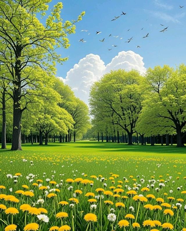 在蒲公英花海的阳光里，绿树盎然绿意，这风景太治愈了