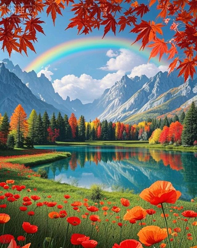 彩虹染秋林，花海醉湖山